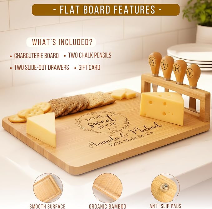 Personalized Bamboo Charcuterie Board Set with Accessories – Large Serving Tray with Knives & Smooth Surface for Cutting or Serving, Present for Wedding, Christmas, Anniversary, Housewarming Gift