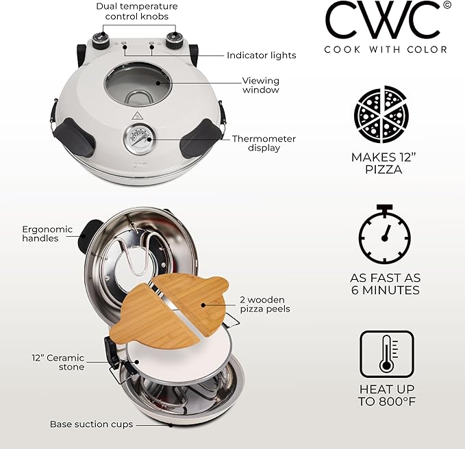 Cook With Color Electric Indoor Pizza Oven – Crispy Crust Countertop Pizza Maker, Heats up to 800˚F, 12 Inch Ceramic Stone, Dual Temperature Control Knobs, Bamboo Peel Included, Off White