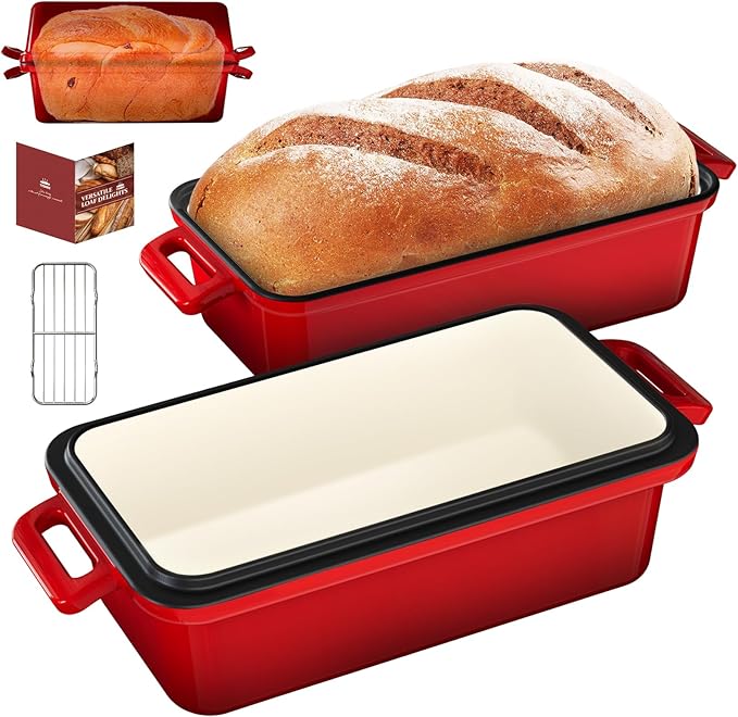 9x5 Enameled Cast Iron Loaf Pan with Lid – Bread Pan for Sourdough, Cake, Meatloaf, Even Heat, Nonstick, Easy to Clean, 2 Piece Set