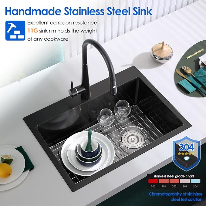 24x18x9 Inch Drop in Kitchen Sink, Handmade 304 Black Stainless Steel Single Bowl, Centre-Offset Drain, R10 Tight Corner, Topmount Kitchen Sink with Strainer & Bottom Grid