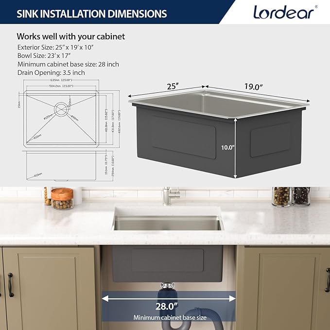 Lordear 25 Inch Undermount Kitchen Sink Workstation 25x19x10 16 Gauge Stainless Steel Single Bowl Round Corner Kitchen Sinks