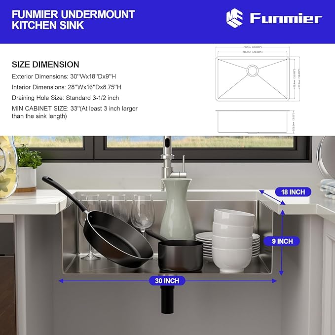 30 Inch Undermount Kitchen Sink - 30 x 18 Kitchen Sinks Undermount 16 Gauge Single Bowl Stainless Steel Under Mount Handmade Basin with Offset Drainer
