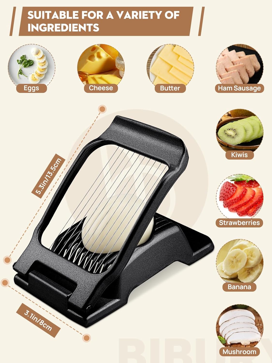 BIBURY Egg Slicer, Egg Cutter for Hard Boiled Eggs, Heavy Duty Aluminium Slicer for Egg Mushroom Strawberry Soft Fruit, Stainless Steel Wires, Dishwasher Safe & Easy to Clean (Black)