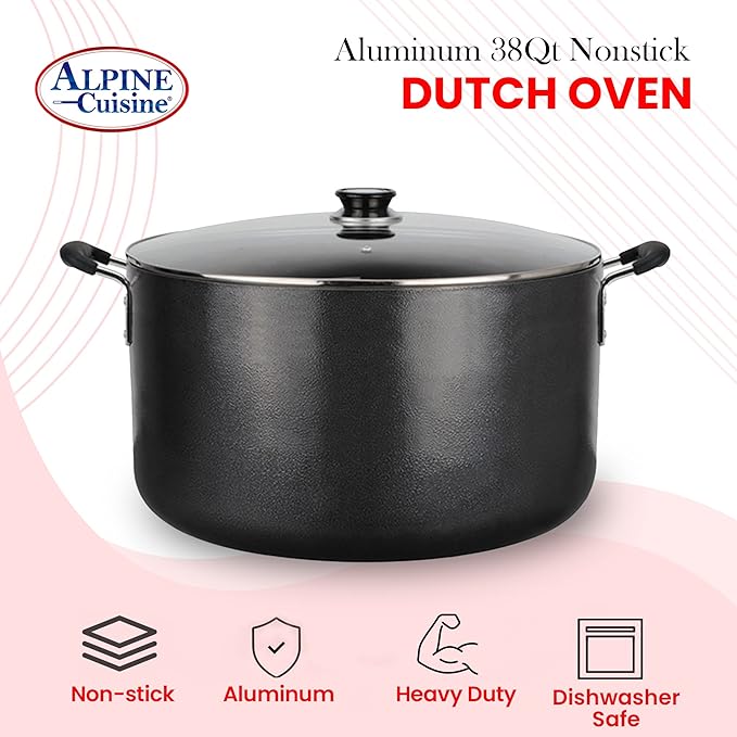 Alpine Cuisine 38 Quart Non-stick Stock Pot with Tempered Glass Lid and Carrying Handles, Multi-Purpose Cookware Aluminum Dutch Oven for Braising, Boiling, Stewing