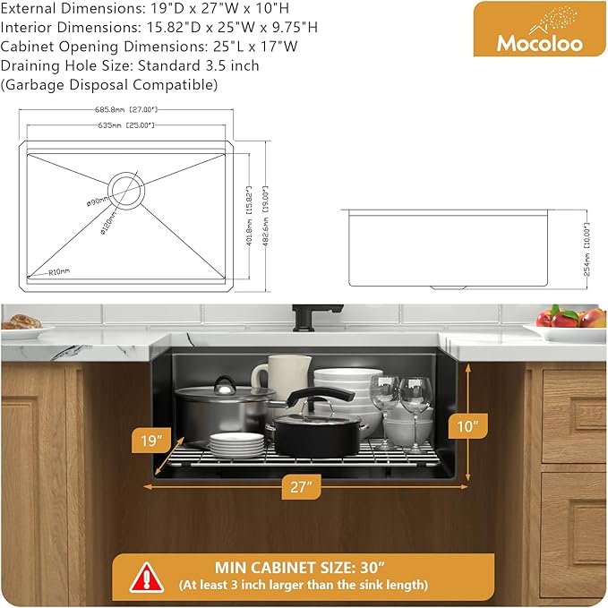 Black Undermount Kitchen Sink - Mocoloo 27x19 Inch Undermount Workstation Kitchen Sink Gunmetal Black 16 Gauge Stainless Steel Single Bowl Handmade Sink Basin