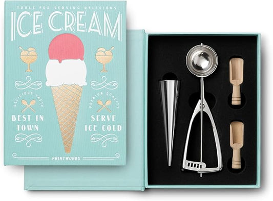 The Essentials, Ice Cream Tools – Stainless Steel Ice Cream Scoop with Trigger, Cone Shapes and Wooden Sprinkle Scoops, Book-Style Case