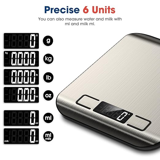 Mik-Nana Food Scale, 22lb Digital Kitchen Scale Weight Grams and Ounces for Baking Cooking Coffee Package Postage, 6 Units with Tare Function, LCD Display, Easy Clean Stainless Steel