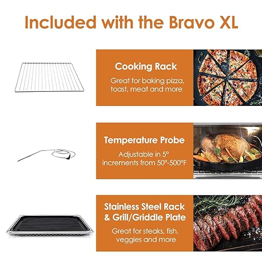 Nuwave Bravo XL Air Fryer Toaster Smart Oven, 12-in-1 Countertop Grill/Griddle Combo, 30-Qt XL Capacity, 50F-500F adjustable in precise 5F increments, Integrated Smart Thermometer, Linear T Technology