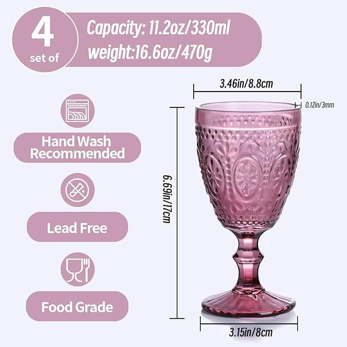 Purple Wine Glasses set of 4, Purple Goblets, Vintage Drinking Glassware, Colored Glassware Set for Party, Home & Wedding