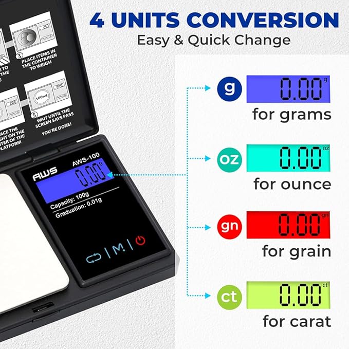 Series Digital Pocket Weight Scale, Stainless-Steel Backlit LCD 100g x 0.01g, (Black), AWS-100-Black - AMERICAN WEIGH SCALES