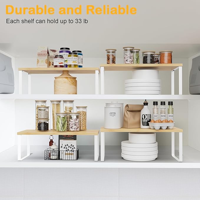Cabinet Shelf Organizers, 15.7 inches Large Kitchen Counter Shelf, Set of 2 Wood Kitchen Pantry Organizer, Storage Shelves for Countertop, Spice Rack, Stackable, Expandable, Metal White, Nature