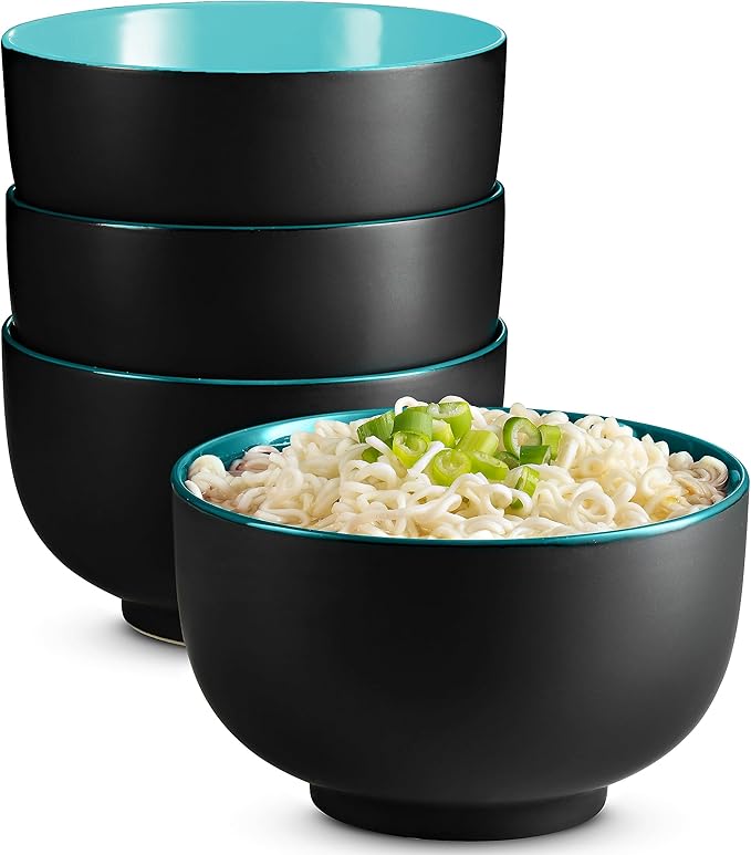 KooK Ramen Bowl, Japanese Bowls, Noodle Bowls, Large Soup Bowl, Ceramic, Large Capacity, For Ramen, Pho, Udon, Soba, Microwave and Dishwasher Safe, 34 oz, Set of 4 (Black/Teal)