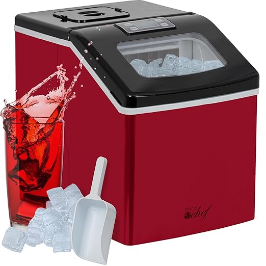 Deco Chef 40LB Countertop Ice Maker for Home, Office, Bars, and Parties, Makes Extra Large Cubes, 2.4 lb of Ice Every 15-20 Minutes, Self Cleaning, LCD Status Indicator, Adjustable Cube Size, Red