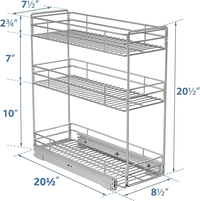 ROOMTEC Pull Out Spice Rack for Narrow Cabinet (8½" W X 20½" D),3 Tier Slide Out Cabinet Organizer and Pull Out Shelves Under Cabinet Storage for Kitchen, Chrome