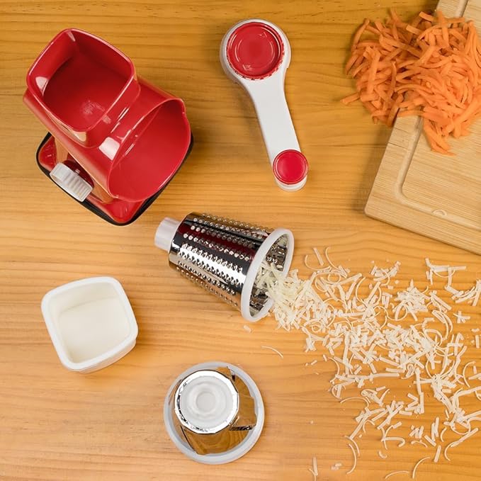 Cheese Grater Hand Crank Rotating Cheese Shredder Stainless Steel Vegetable Slicer Grater for Kitchen 3 Blades for Cheese, Carrot, Cucumber, Nuts, Chocolate, Red