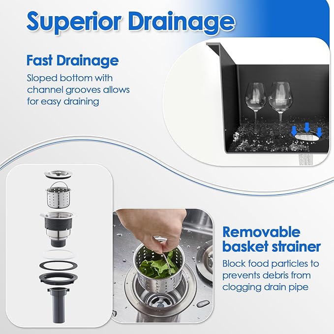 ROVOGO 24x18x9 in. Drop-in Kitchen Sink Black, 304 Stainless Steel Top Mount Handmade Sink Single Bowl with 2 Holes