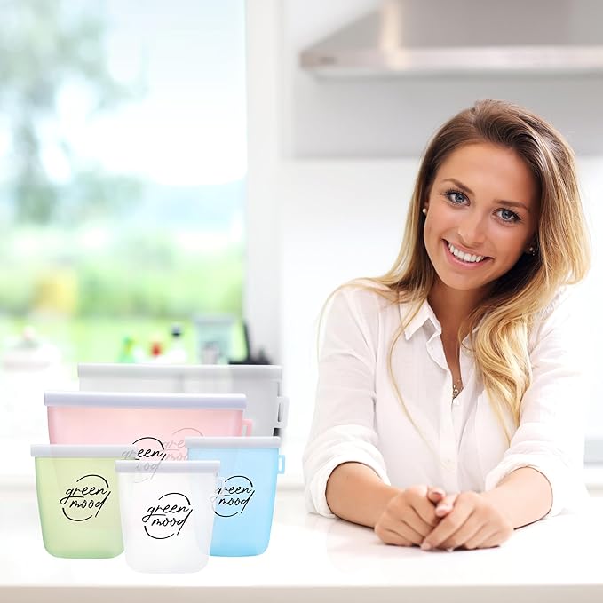 Green Mood Silicone Reusable Food Storage Bags with Organizer – 5 Pack (4 Sizes) – BPA-Free, Leakproof, Freezer & Microwave Safe – Eco-Friendly Bags with Plastic Storage Box for Kitchen & Travel