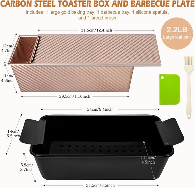 Pullman Loaf Pan with Lid + Non-Stick Meatloaf Pan with Draining Insert, Carbon Steel Bakeware with Scraper & Brush, 2LB Baking Pans for Homemade Bread & Meatloaf