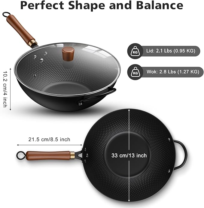 Nonstick Wok, 13-Inch Carbon Steel Wok Pan with Glass Cover, Woks & Stir-Fry Pans for Induction, Electric, Gas, Halogen, All Stoves
