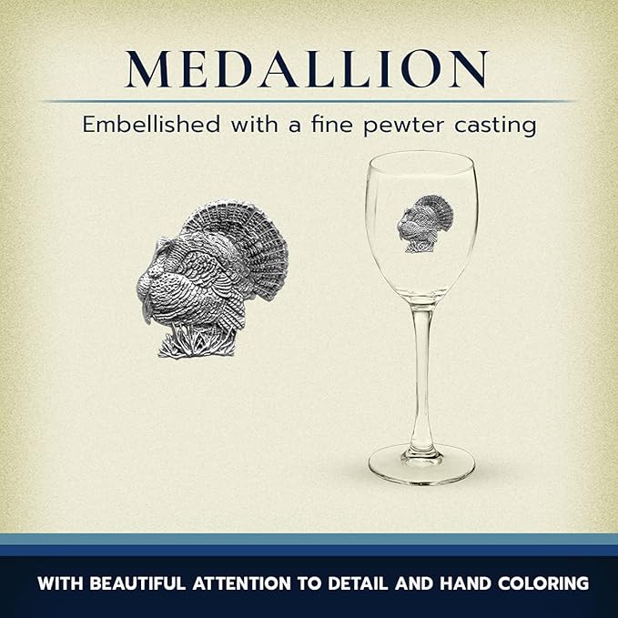 Heritage Pewter Turkeys Glass Goblets – Set of 2 | 12 OZ Goblet Wine Glasses | Expertly Crafted Pewter Glass