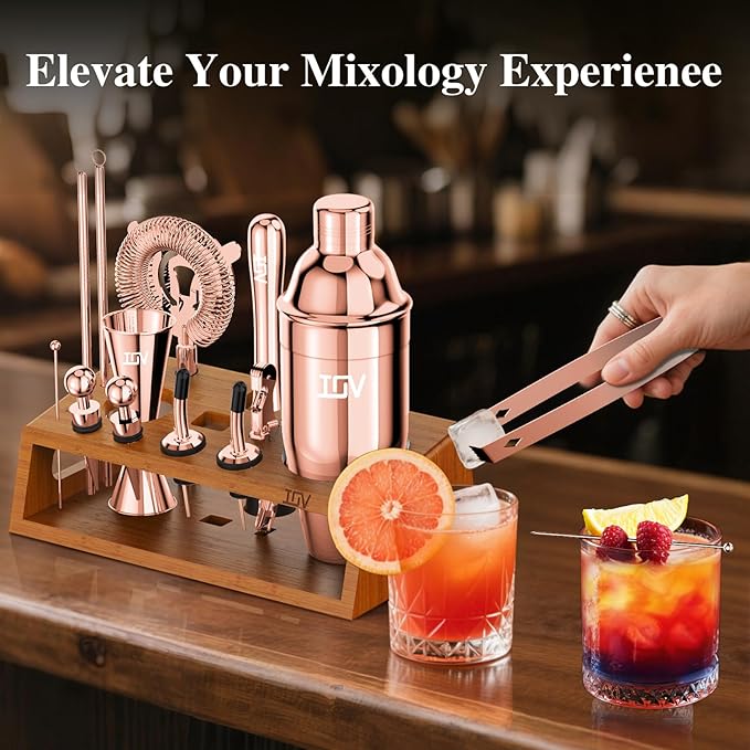IOV Cocktail Shaker Set Bartender Kit with Stand | Bar Set Drink Mixer Set Includes Martini Shaker, Jigger, Strainer, Mixing Spoon, Muddler, Recipe Book | Home Bar Accessories Gift Set (Rose Gold)