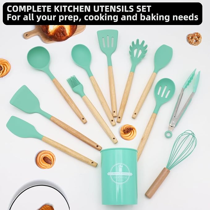 12-Piece Silicone Kitchen Utensils Set with Wooden Handle, Non-Stick & Heat Resistant Cooking Utensils (446°F), Includes Spatula, Spoon, Turner, Tongs, Whisk, Great for Home Cooks-Green