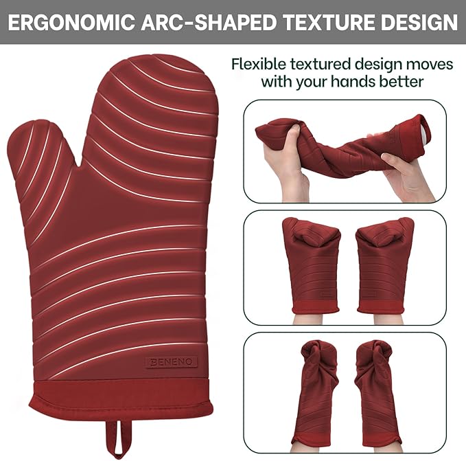 Beneno Premium Silicone Oven Mitts 2-Pack Heat Resistant 500°F, Soft Flexible Non-Slip Grips, BPA-Free & Waterproof Oven Mitts with Comfortable Cotton Lining for Baking, Grilling, Cooking, 7"x13", Red