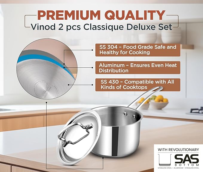 Vinod Classique Deluxe 2-Pc Stainless Steel Cookware Set – 16 cm Saucepan & 20 cm Frypan, Extra-Deep Design, Riveted Handles, Induction & Gas Compatible, Dishwasher Safe