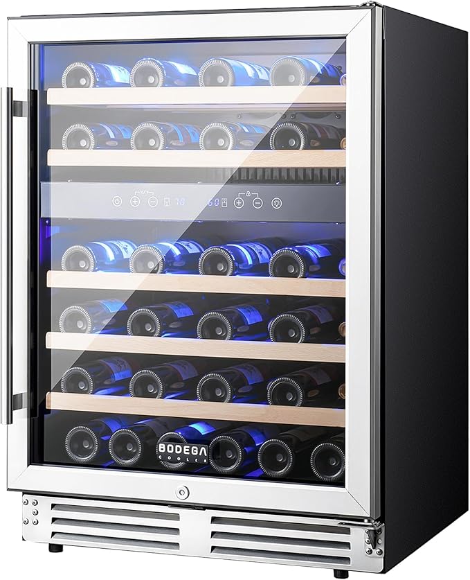 BODEGA 24 Inch Wine Fridge Dual Zone, 46 Bottle, Built-In or Under Counter Freestanding Wine Cooler Refrigerator With Stainless Steel Handle, Wine Cooler With Lock, Energy Efficient,For Home, Kitchen