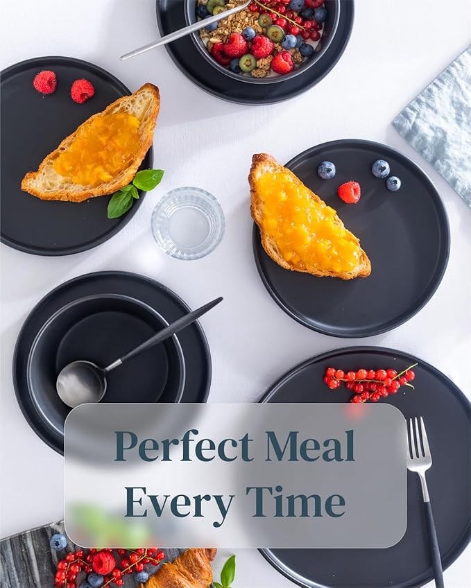 Stoneware dinnerware set 8 persons 32 pcs – Matte black style plates and bowls set – Dishwasher and microwave safe – Bowl and plate set – Dinner service Pure Living Interior Design