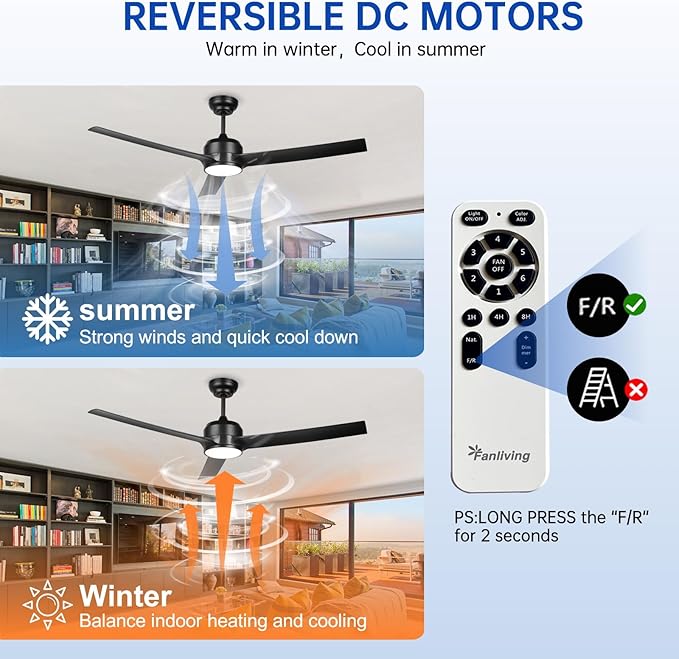 52 Inch Black Ceiling Fan with Filters Lights Remote Control, Quiet DC Motor/Dimmable 3 Colors LED/6 Speed High CFM/3 Blade Indoor Ceiling Fans with Light for Bedroom Living Room Porch