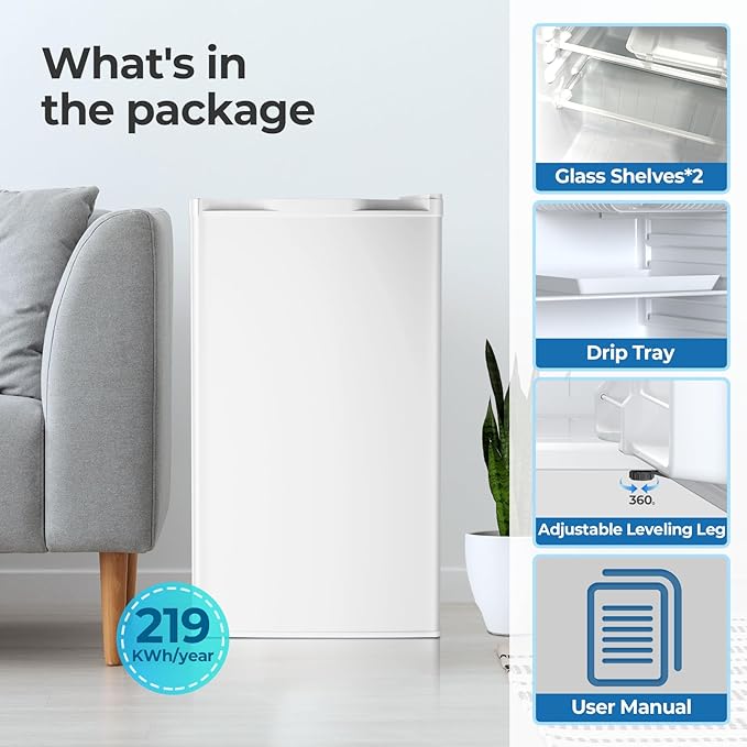 3.2 Cu.ft Mini Fridge with Freezer, Compact Refrigerator with Reversible Single Door, Adjustable Thermostat, Low Noise, Energy Efficient for Office, Dorm, Bedroom, Apartment (WHITE)