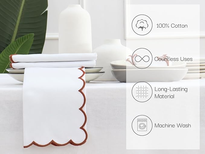 PurpleEssences Rust Scalloped Embroidery Cloth Napkins Christmas Holiday Winter Table Decor 100% Cotton Set of 4-18 x 18 inch - White - Edges - Rust