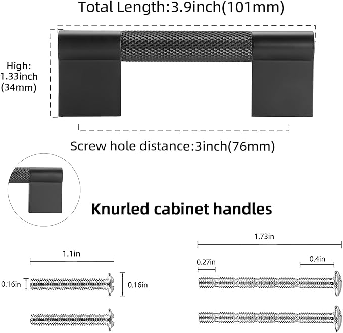 10 Pack 3 inch(76mm) Matte Black Kitchen Cabinet Handles Knurled Cabinet Pulls Black Drawer Pulls Kitchen Hardware