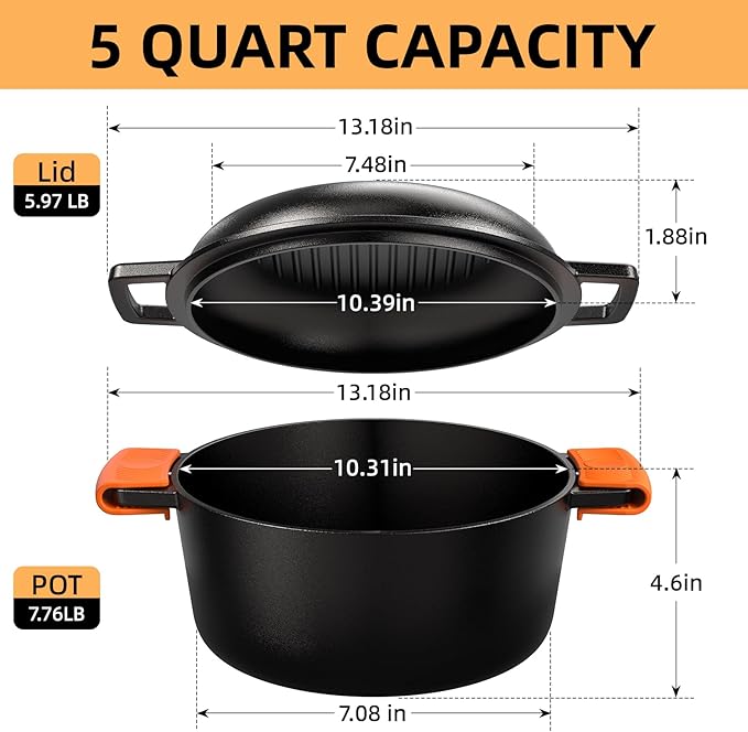 Cast Iron Dutch Oven Pot with Skillet Lid – Pre-Seasoned – Skillet Lid Cooking Pan– PFAS-Free –Umite Chef Cast Iron Skillet Cookware for Bread, Frying, Baking – Dual Handles – Oven, Grill, Campfire & Stovetop Safe – Durable & Non-Toxic, 5QT