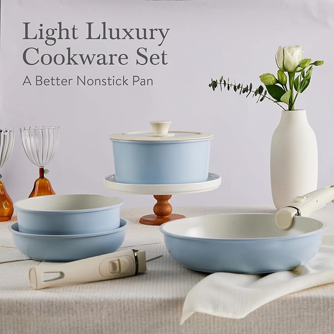 Pots and Pans Set Healthy Non toxic Non Stick Ceramic Cookware Set 21 Pcs Detachable Handles, Oven Safe, Induction Dishwasher, Stackable Frying Pan (PFOS, PFOA Free),Blue