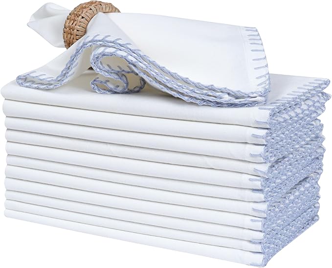 Bedding Craft Cotton Cloth Dinner Napkins Set of 12 – 18x18 Lavender Blue with Blanket Stitch Selvedge – Elegant Machine Washable Fabric Napkins for Weddings, Baby Showers, Parties & Dining