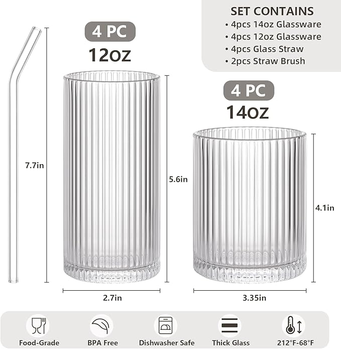 Set of 8 Vintage Ribbed Glassware,4 Highball Glasses 12 oz,4 Rocks Drinking Glasses 14 oz,Ribbed Cocktail Glass Cup,Used for Whiskey,Ice Coffee Cup,Juice,Smoothies,Mixed Drinkware