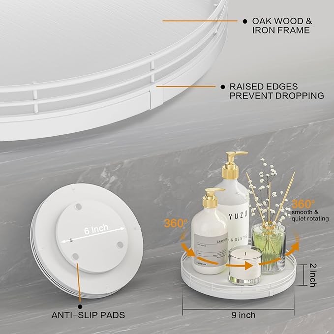 9" Oak Wood Bathroom Tray for Counter, Vanity Tray for Perfume Lotion Candle Makeup Jewelry Sink Soap Holder Turntable Dresser Organizer Countertop Coffee Table Decor Organization and Storage White