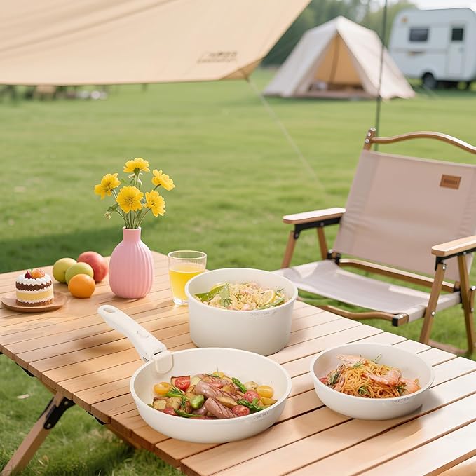 JEETEE Nonstick Pots and Pans Set with Removable/Detackable Handle (Beige, 20 pcs)