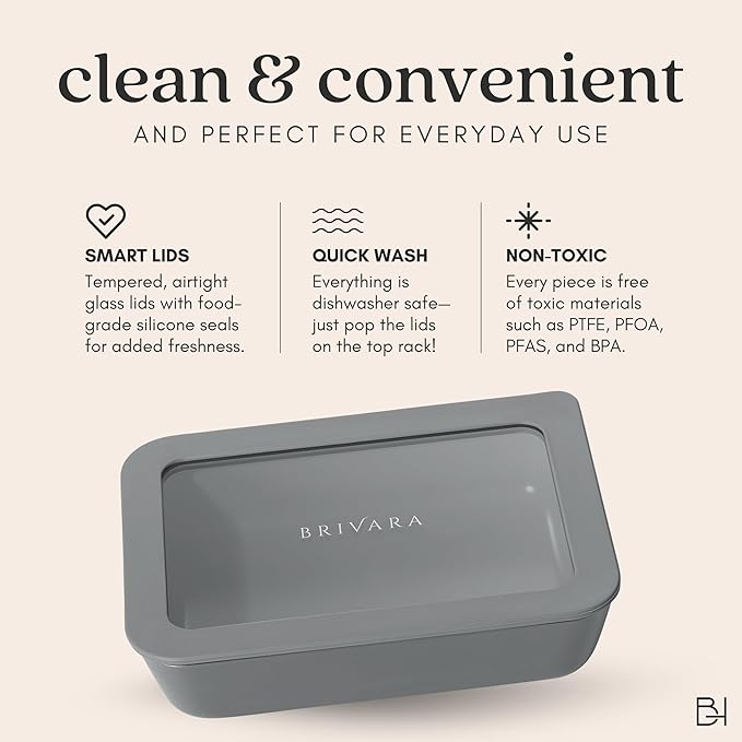 Ceramic Coated Glass Food Storage Container | No PTFE, PFOA, PFAS, and BPA | Reusable Non Toxic Meal Prep Container with Glass Lid | Easy To Store | 6 Cup Rectangle [Smoke]