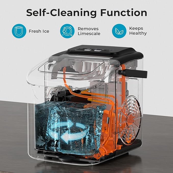 Countertop Ice Maker Machine, 8 Bullet Ice in 6 Mins, 26.5lbs/24Hrs, Self-Cleaning Portable Design with Selectable Ice Size & Touch Display for Home/Office/Bar