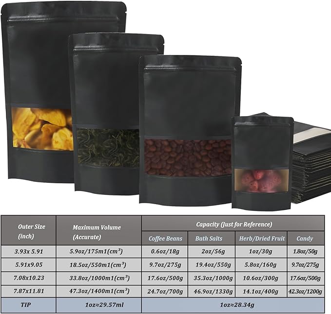 100 PCS Resealable Kraft Paper Bags with Matte Window, Zipper Lock Food Storage Bags - 7.08 * 10.23 Inches, Reusable, Black