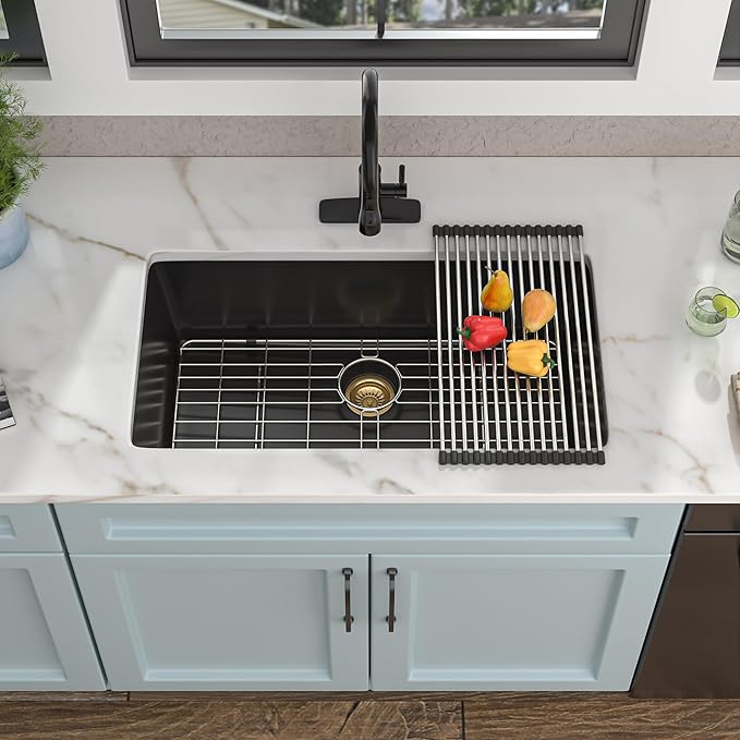 33 Granite Composite Kitchen Sink - Fulorni 33"×19" Granite Kitchen Sink Undermount Matte Black Quartz Classic Under Counter Single Bowl Basin