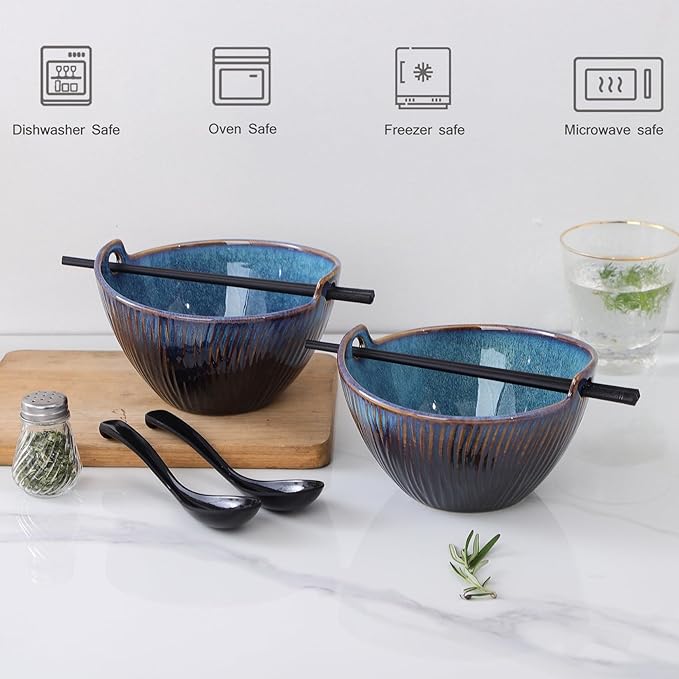 Ceramic Ramen Bowl with Chopsticks and Spoons Set, 6.7 Inch Noodle Bowl Set for Pho Udon Soba, Set of 2 (Sky Blue)