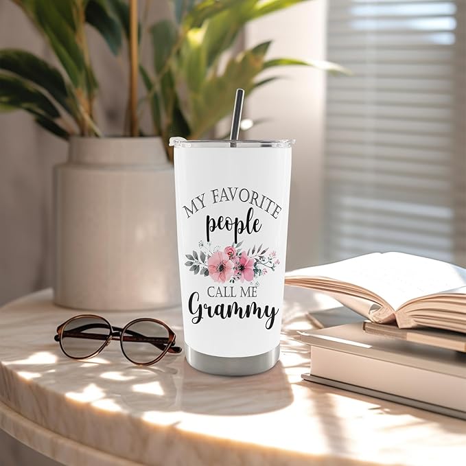 QASHWEY Grammy Gifts Coffee Tumbler - Mothers Day Travel Tumbler Coffee Mug Gifts for GrandmaGrammy, Grandma Gift, My Favorite People Call Me Grammy Stainless Steel Tumblers with Straw and Lid 20 oz