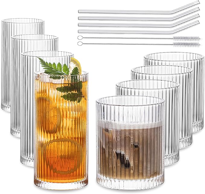 INSETLAN Set of 8 Vintage Glassware - 4 Highball Glasses 12 oz, 4 Rocks Glass Cups 14 oz, Ribbed Glassware Cocktail Glasses, Ideal for Wine, Juice, Water, Ice Coffee Cup, Whiskey, Mixed Drinkware
