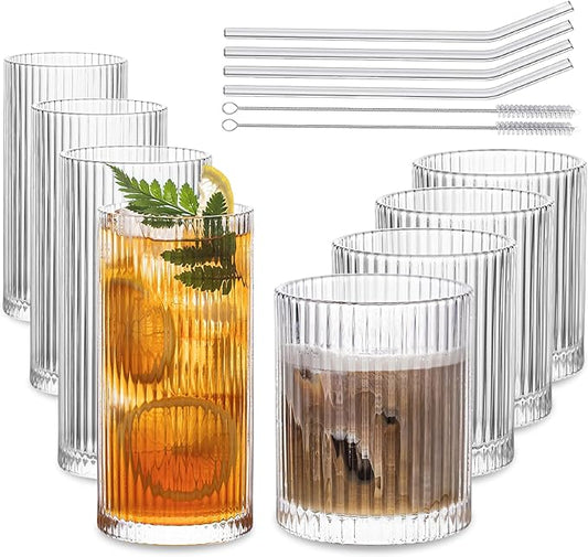 INSETLAN Set of 8 Vintage Glassware - 4 Highball Glasses 12 oz, 4 Rocks Glass Cups 14 oz, Ribbed Glassware Cocktail Glasses, Ideal for Wine, Juice, Water, Ice Coffee Cup, Whiskey, Mixed Drinkware