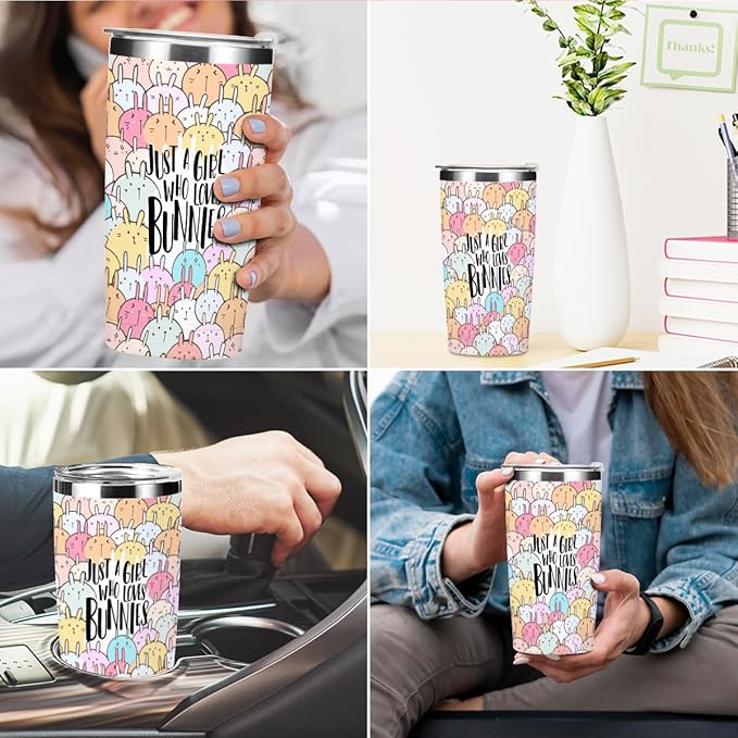 Funny Bunny Tumbler,Bunny Stuff 20 oz Stainless Steel Coffee Mug，Travel Cup，Insulated Cup with Lid for Car, Perfect Gifts for Girl Bunnies Lover Niece Friend Coworker Christmas Birthday