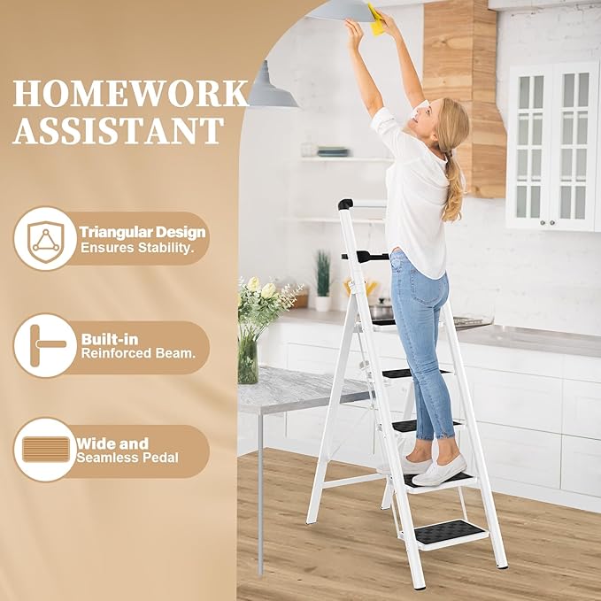 HBTower Step Ladder, Step Ladder Folding Step Stool, Portable Sturdy Steel Ladder Stool for Adults with Wide Pedals Home Outdoor Kitchen, White